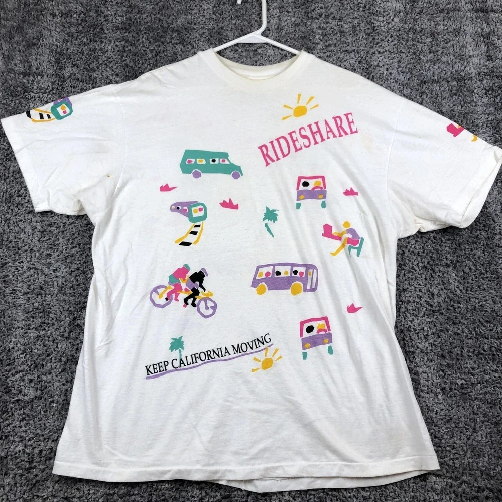 Vintage Rideshare Shirt Mens XL White‎ Keep California Moving Graphic Hanes 90s